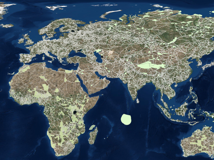 As linhas em branco indicam os milhares de corredores, em todos dos continentes, onde poderiam ser criados os corredores ecológicos. Imagem - Divulgação