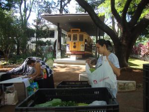 Verduras e frutas sem agrotóxico são distribuídos para integrantes do Movimento CSA Minas em frente ao Museu Abílio Barreto. Foto - Divulgação CSA