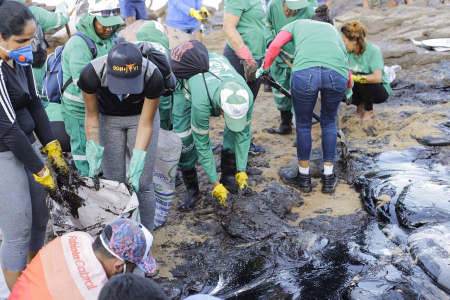 Voluntários de Pernambuco se juntaram para limpar uma das praias do estado atingidas pelas manchas pretas de óleo. Foto - Prefeitura de Cabo - Divulgação