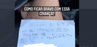 O bilhete deixado pelo garoto Benício, de 7 anos, após bater no carro do Marcelo Martins - Foto - reprodução - Twitter
