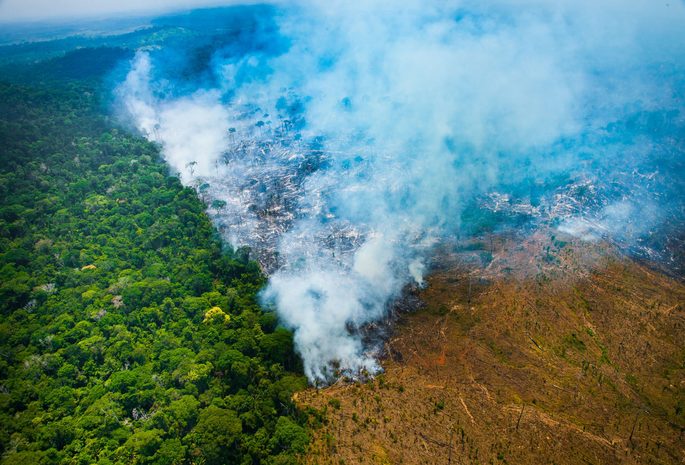Área da floresta Amazônica sendo queimada para pastagens