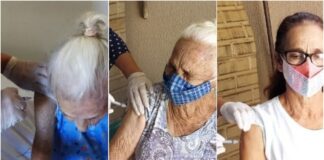 A mãe de 107 anos, a filha de 90 e a neta de 66 recebem no mesmo dia a vacina contra Covid. Fotos - Prefeitura de Fernandópolis-divulgação