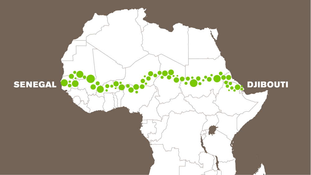 A área verde do mapa mostra como será a Grande Muralha Verde em "construção" na África. Imagem - Great Green Wall