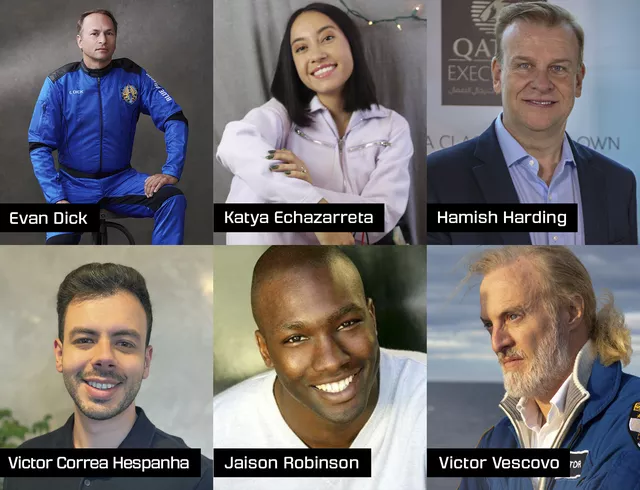 Os seis passageiros que vão viajar ao espaço pela empresa de Jeff Bezzos. Foto: Divulgação/Blue Origin