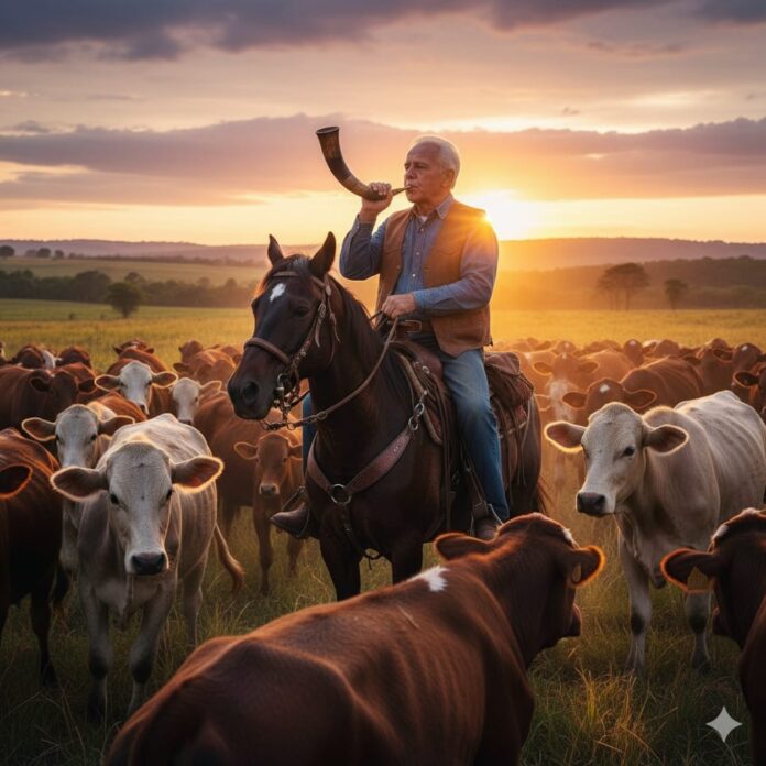 O Velho Osvaldo com seu indefectível berrante. Imagem gerada por IA