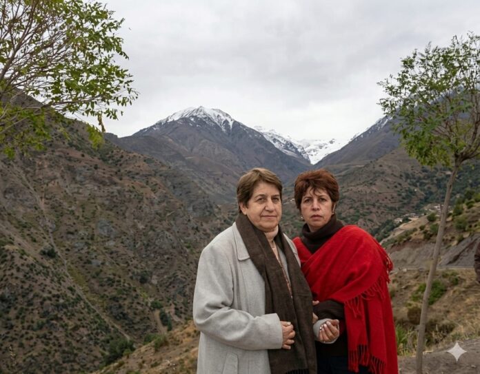 Gisele (dir.) e sua mãe, durante uma viagem ao Chile; ao fundo, o Valle Nevado. Foto - arquivo pessoal