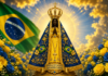 Imagem de Nossa Senhora Aparecida gerada por IA, com as cores da bandeira do Brasil.