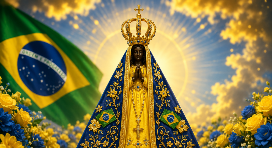 Imagem de Nossa Senhora Aparecida gerada por IA, com as cores da bandeira do Brasil.