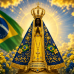 Imagem de Nossa Senhora Aparecida gerada por IA, com as cores da bandeira do Brasil.