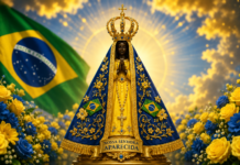 Imagem de Nossa Senhora Aparecida gerada por IA, com as cores da bandeira do Brasil.