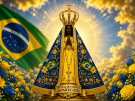 Imagem de Nossa Senhora Aparecida gerada por IA, com as cores da bandeira do Brasil.