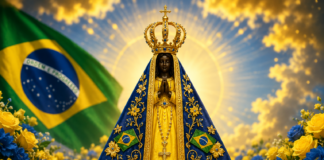 Imagem de Nossa Senhora Aparecida gerada por IA, com as cores da bandeira do Brasil.