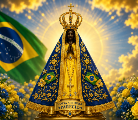 Imagem de Nossa Senhora Aparecida gerada por IA, com as cores da bandeira do Brasil.