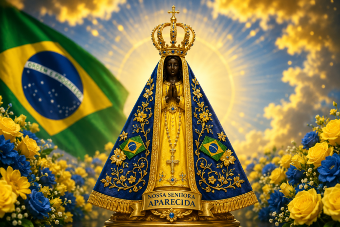 ChatGPT Image 19 de jun. de 2026, 20_14_20 Imagem de Nossa Senhora Aparecida gerada por IA, com as cores da bandeira do Brasil.