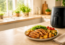 Comida para uma pessoa preparada na Air Fryer