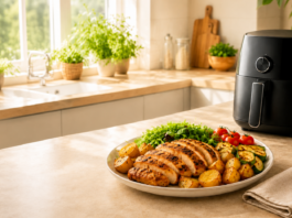 Comida para uma pessoa preparada na Air Fryer