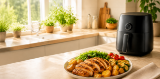 Comida para uma pessoa preparada na Air Fryer