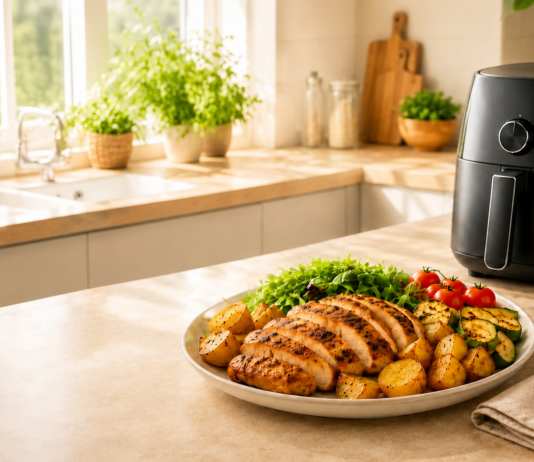 Comida para uma pessoa preparada na Air Fryer