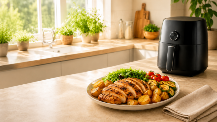 Comida para uma pessoa preparada na Air Fryer